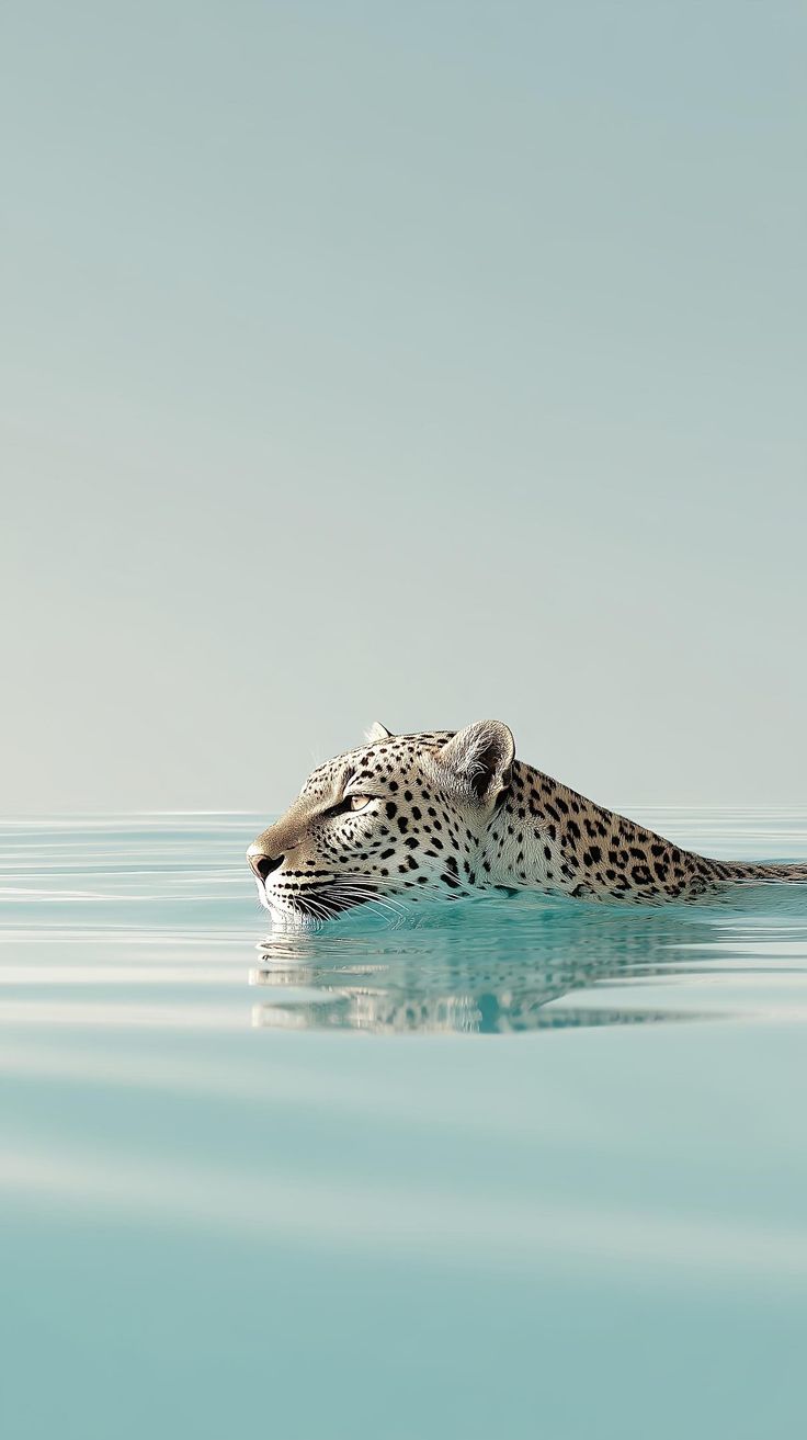 Leopard swimming through pale aqua water